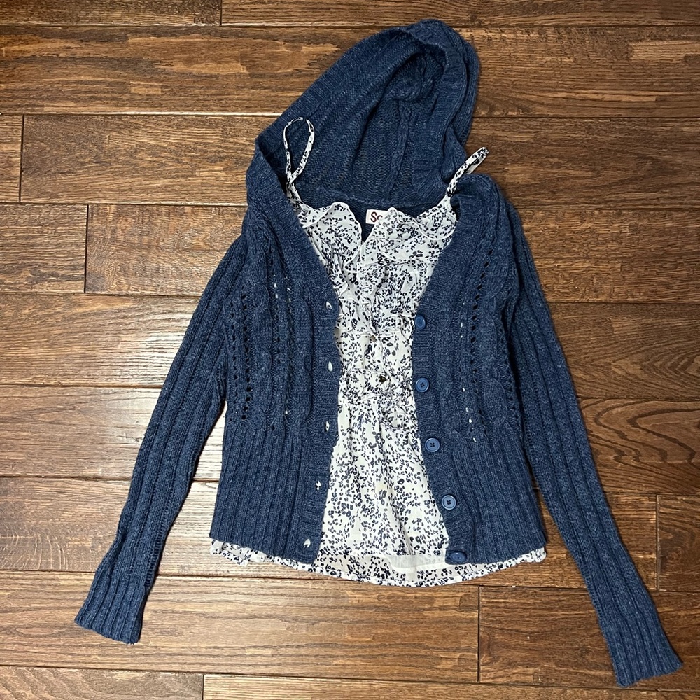 Sweater & Tank Top Combo - White Floral Tank Top with Blue Hooded Sweater
